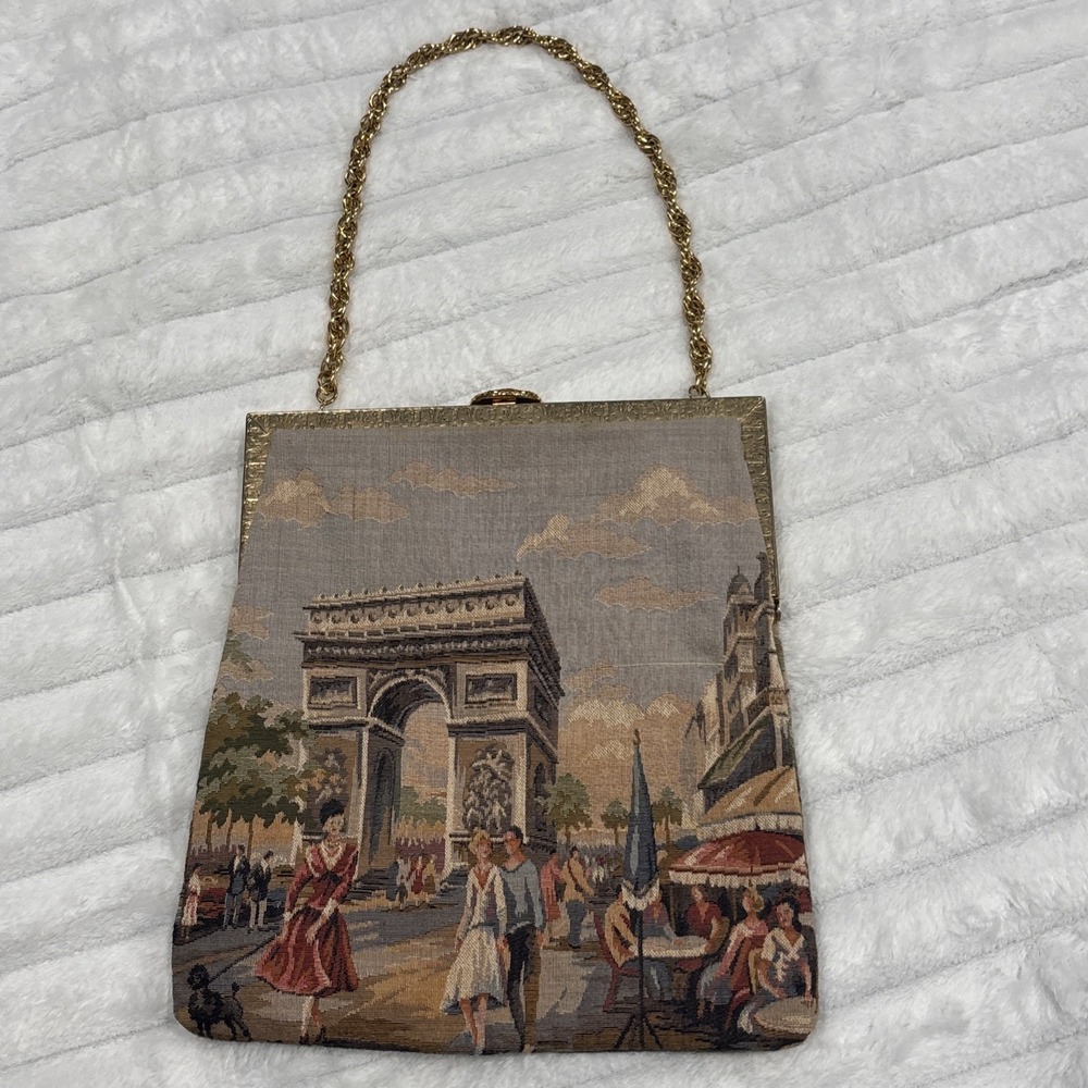 Vintage 1950s Delill Parisian Tapestry Purse Gold Frame Chain Handle Evening Bag